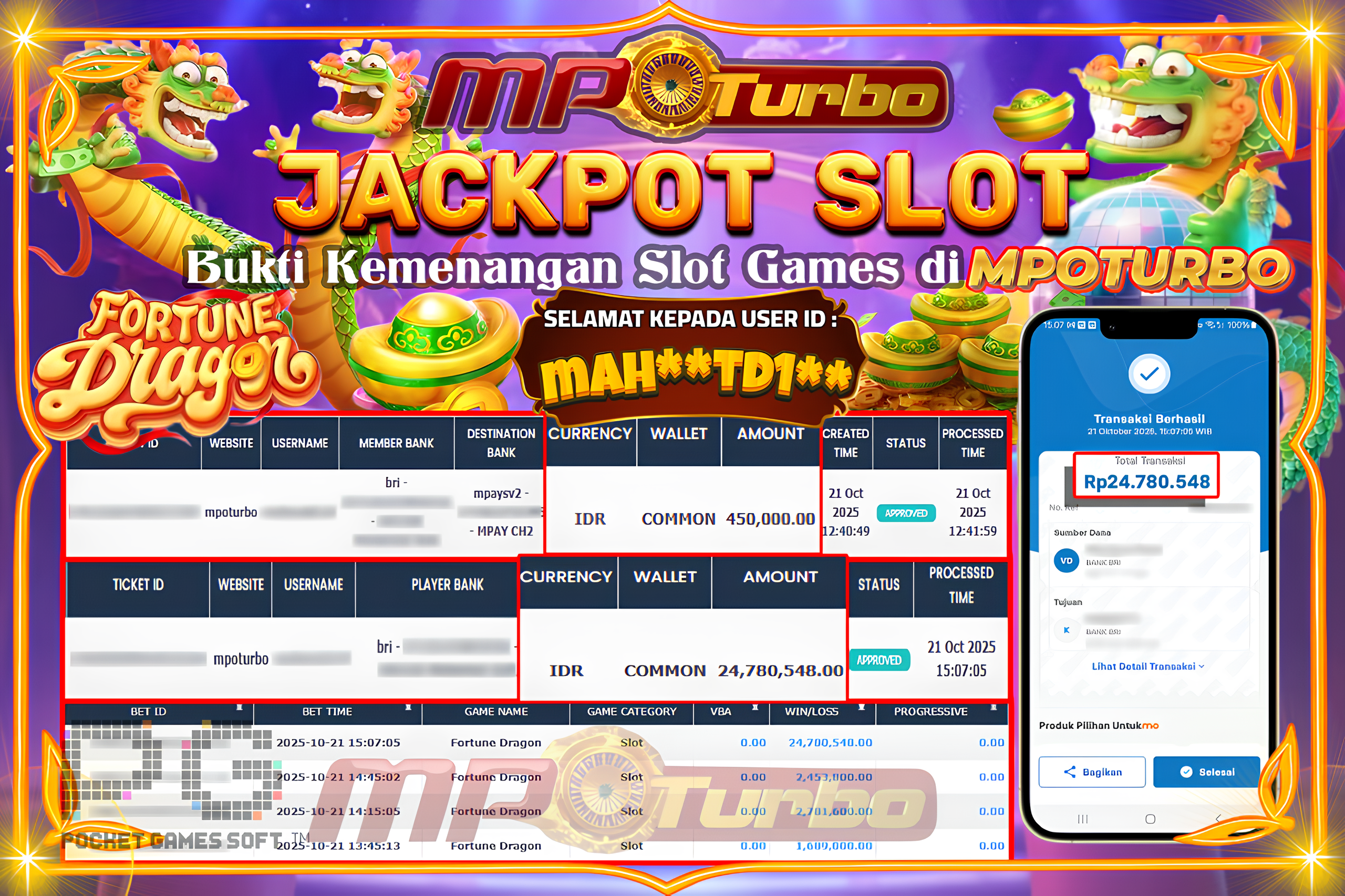 MPOTURBO JACKPOT FORTUNE DRAGON- PG SOFT Rp 24,780,548.00,- LUNAS